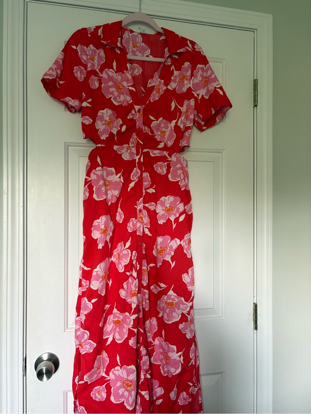 Old Navy Red Floral Maxi Dress with Pink Blooms